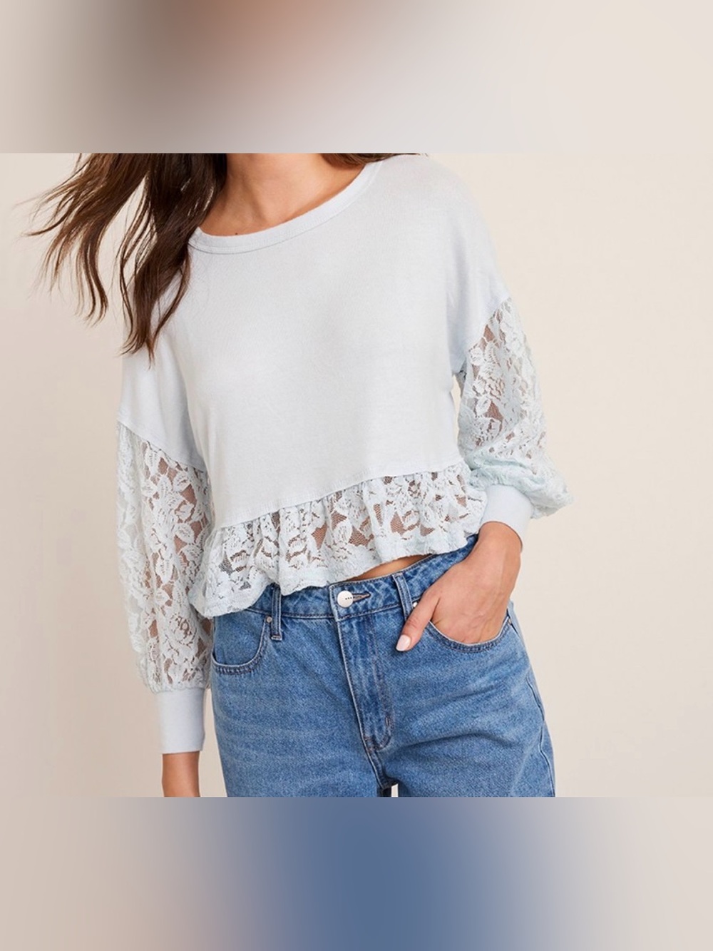 Francescas’s Blue & White Lace Long Balloon Sleeve Dolman Top NWT